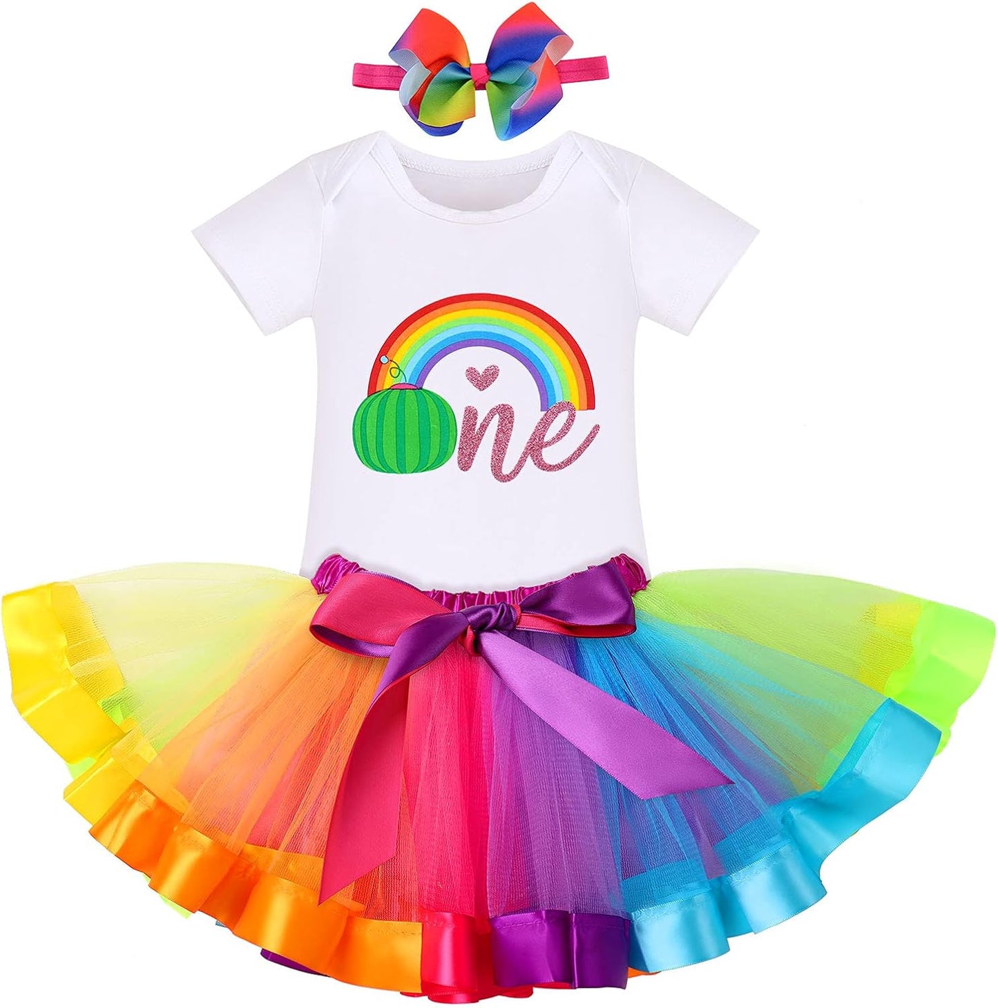 Baby Girls Watermelon 1St Birthday Outfit Cake Smash Romper Rainbow Tutu Skirt Headband Summer Clothes for Photo Shoot